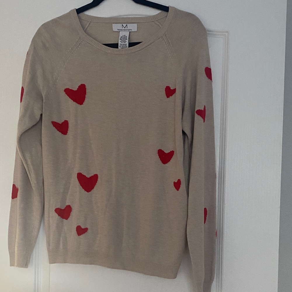 Magaschoni Beige Sweater with Red Hearts